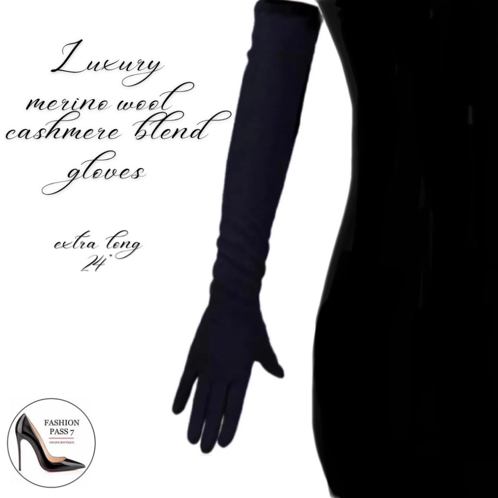 24” Long Luxury Cashmere Merino Wool Glove Classic Black Opera Winter Warm Glove - Picture 4 of 8